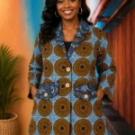 African Print Ankara Jacket for Women – Blue, Gold & Black Circle Pattern