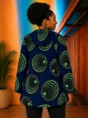 African Print Ankara Jacket for Women – Blue & Green Spiral Pattern - Image 2